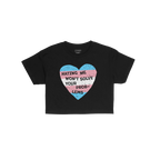 No Trans Hate Women's Baby Tee featuring a distressed heart design with trans pride colors, and the slogan “Hating me won��