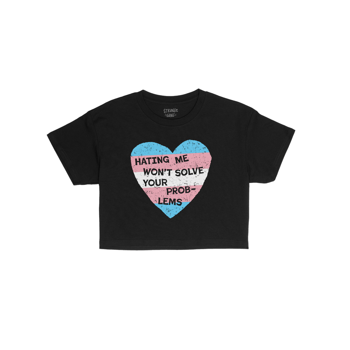 No Trans Hate Women's Baby Tee featuring a distressed heart design with trans pride colors, and the slogan “Hating me won��