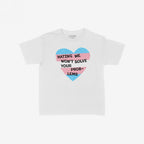 No Trans Hate Women's Baby Tee features a distressed heart in trans flag colors with the slogan HATING ME WON'T SOLVE YOUR PROBLEMS, symbolizing bold resistance and unapologetic self-love.