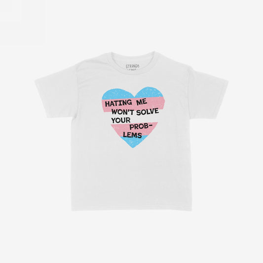 No Trans Hate Women's Baby Tee features a distressed heart in trans flag colors with the slogan HATING ME WON'T SOLVE YOUR PROBLEMS, symbolizing bold resistance and unapologetic self-love.