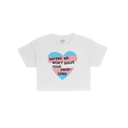 No Trans Hate Women's Baby Tee features a distressed heart in trans flag colors with the slogan HATING ME WON'T SOLVE YOUR PR