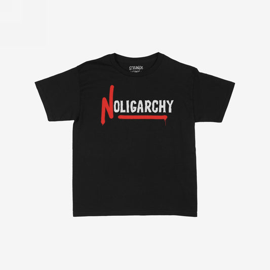 No Oligarchy Women's Baby Tee featuring NOLIGARCHY with a bold red N and underline, graffiti-style text on a black T-shirt, symbolizing rebellion and anti-elitism.