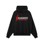 The No Oligarchy Shirt, a black hoodie, features a bold NOLIGARCHY design with a graffiti-style red N and white OLIGARCHY, sy