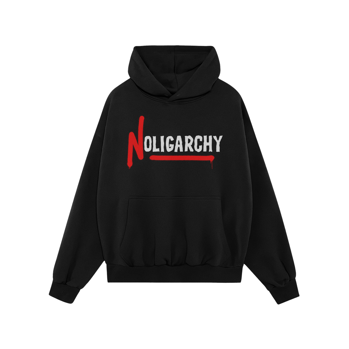 The No Oligarchy Shirt, a black hoodie, features a bold NOLIGARCHY design with a graffiti-style red N and white OLIGARCHY, sy
