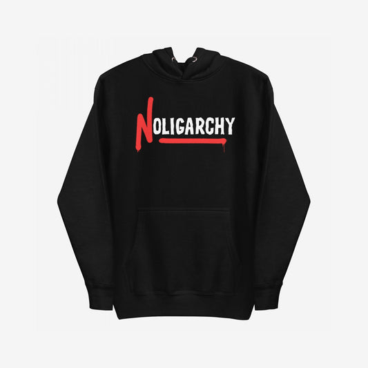 No Oligarchy Hoodie & Sweatshirt features a bold NOLIGARCHY graphic, with a striking red N and white letters, embodying protest spirit. Ideal for those championing equality and resisting elite dominance.