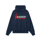 No Oligarchy Shirt features a navy-blue hoodie with NOLIGARCHY printed across the chest, highlighting a rebellious red N with