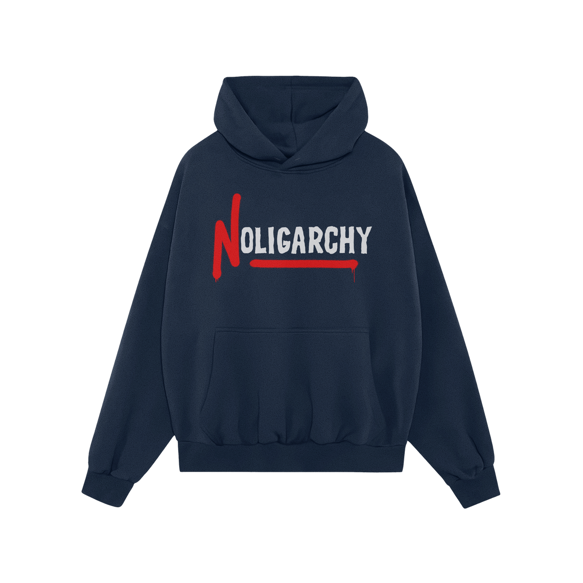No Oligarchy Shirt features a navy-blue hoodie with NOLIGARCHY printed across the chest, highlighting a rebellious red N with