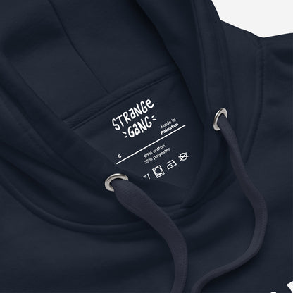 Close-up of No Oligarchy Hoodie, showing inside neck label with size S and material details. Features drawcords with metal eyelets and folded fabric around neckline.