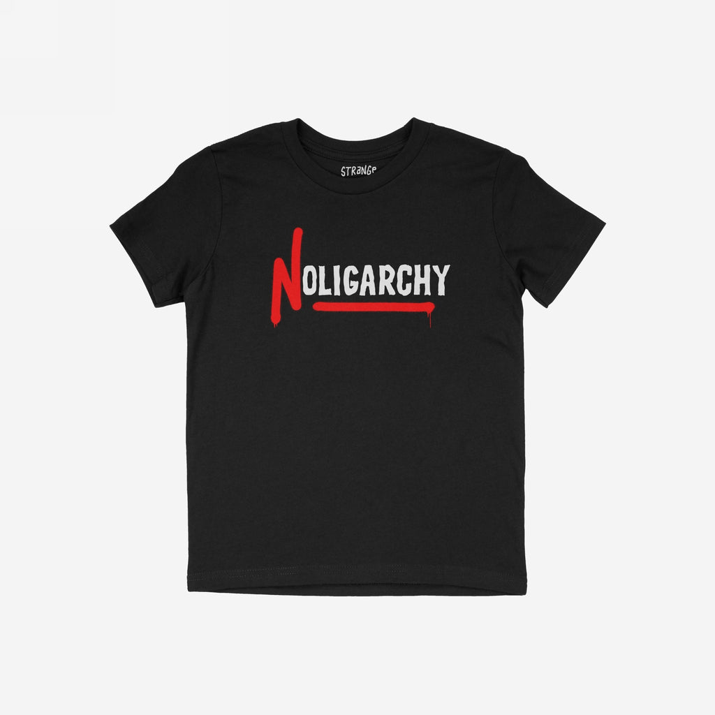 No Oligarchy Shirt featuring bold NOLIGARCHY design with graffiti-style red N on black tee; embodies rebellion against elitism, ideal for those challenging authority and supporting equality.