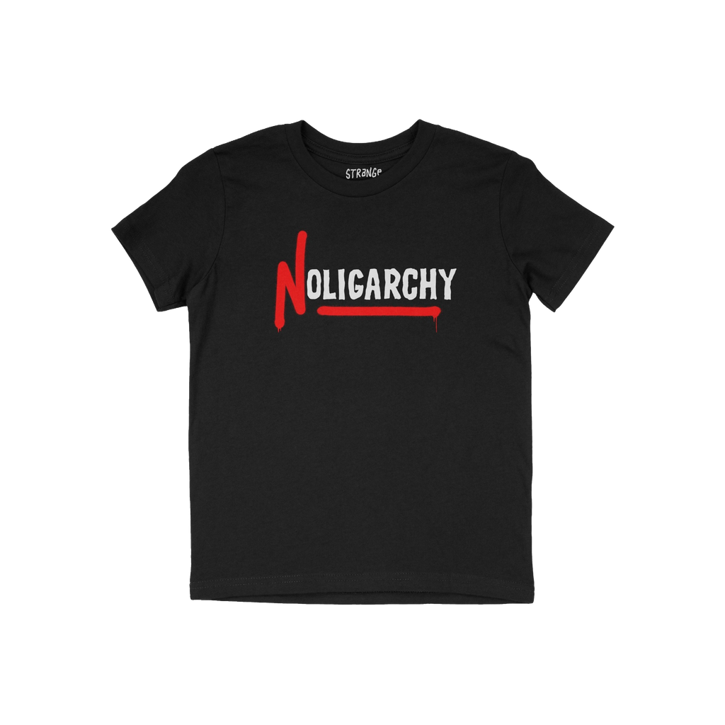 No Oligarchy Shirt featuring bold NOLIGARCHY design with graffiti-style red N on black tee; embodies rebellion against elitis