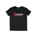 No Oligarchy Shirt featuring bold NOLIGARCHY design with graffiti-style red N on black tee; embodies rebellion against elitis
