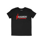 No Oligarchy Shirt featuring bold NOLIGARCHY design with graffiti-style red N on black tee; embodies rebellion against elitis