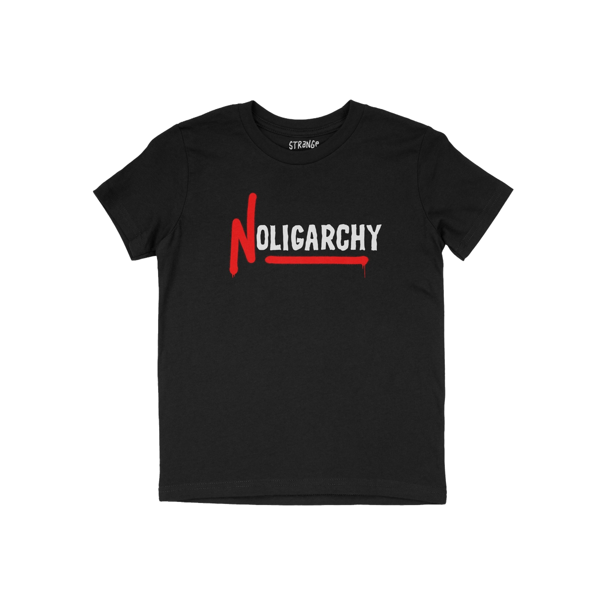 No Oligarchy Shirt featuring bold NOLIGARCHY design with graffiti-style red N on black tee; embodies rebellion against elitis