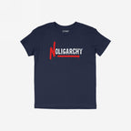 The No Oligarchy Shirt features NOLIGARCHY in bold graffiti style, with a dripping red N and white OLIGARCHY, reflecting a rebellious stance against the elite.