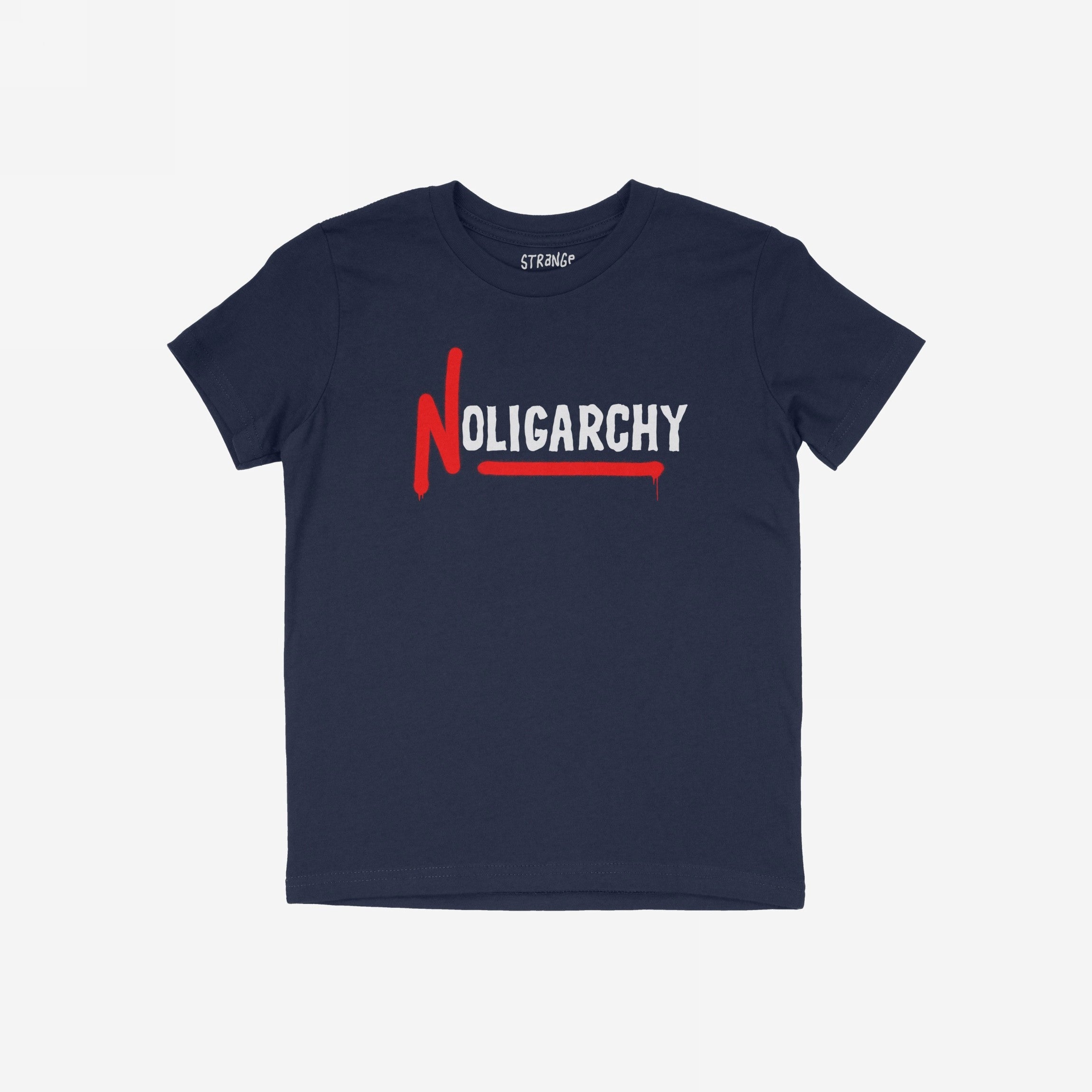 The No Oligarchy Shirt features NOLIGARCHY in bold graffiti style, with a dripping red N and white OLIGARCHY, reflecting a rebellious stance against the elite.
