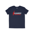 The No Oligarchy Shirt features NOLIGARCHY in bold graffiti style, with a dripping red N and white OLIGARCHY, reflecting a re