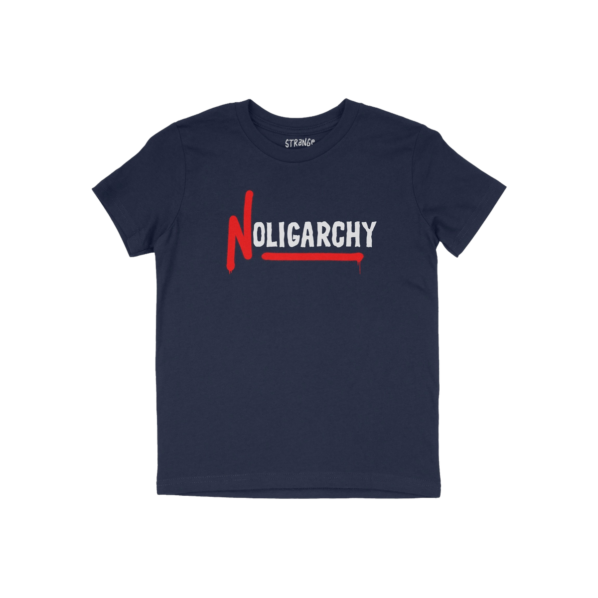 The No Oligarchy Shirt features NOLIGARCHY in bold graffiti style, with a dripping red N and white OLIGARCHY, reflecting a re