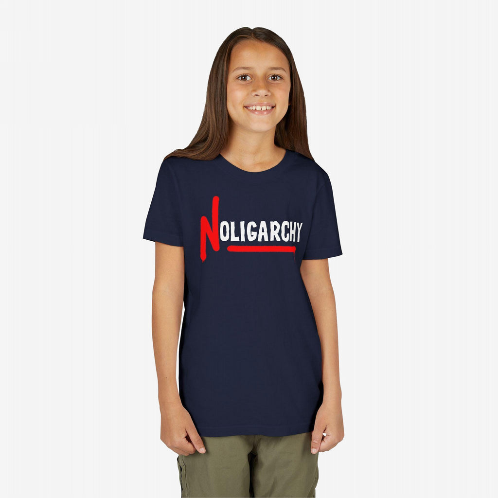 Young girl smiling, wearing a navy-blue No Oligarchy Shirt with bold red N and OLIGARCHY slogan, symbolizing rebellion against elite power, aligning with anti-establishment themes.