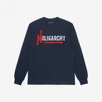 No Oligarchy Shirt with “NOLIGARCHY” in bold white letters and a red graffiti-style “N” and underline. A statement piece for those challenging the elite, aligning with values of equality and activism.