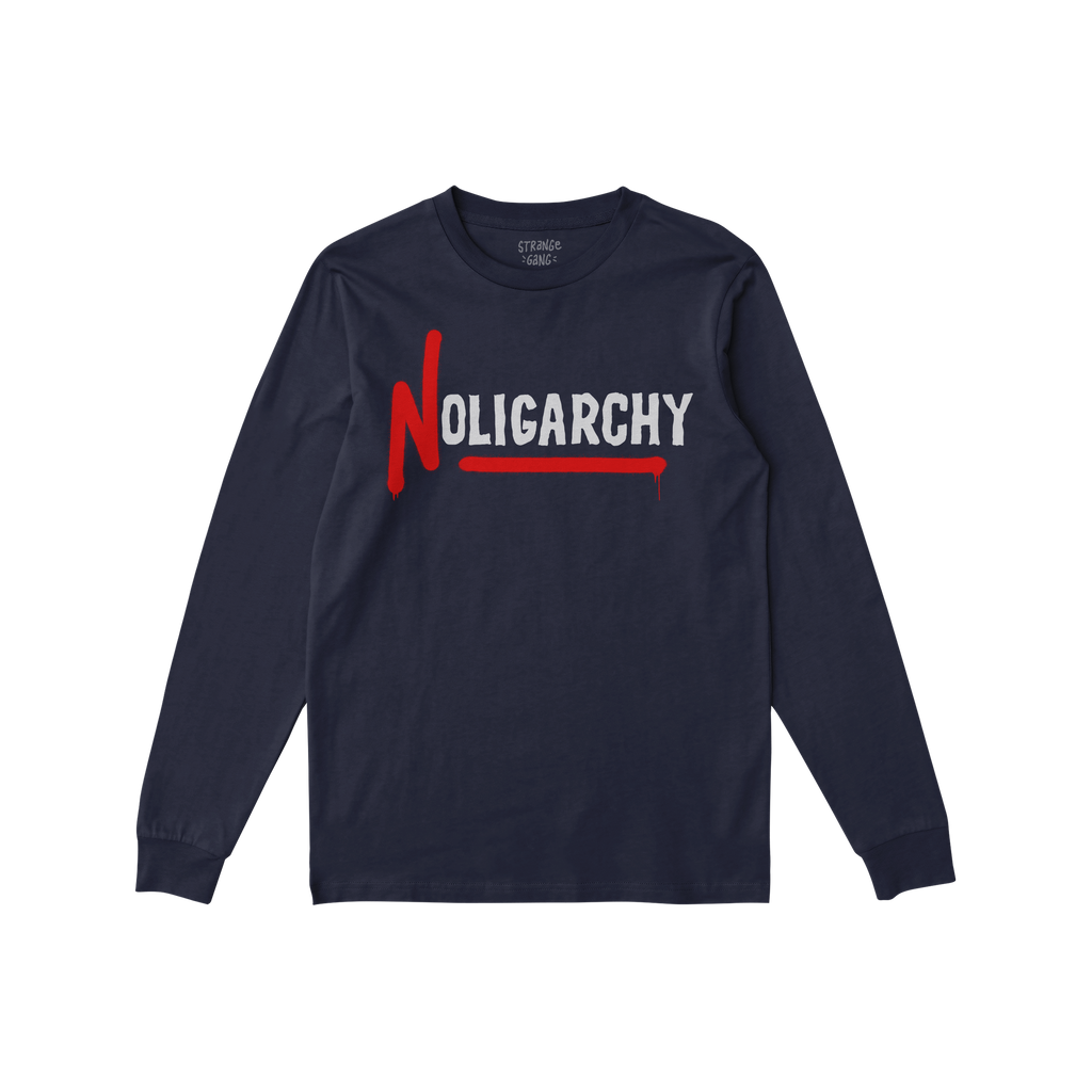 No Oligarchy Shirt with “NOLIGARCHY” in bold white letters and a red graffiti-style “N” and underline. A statement pi