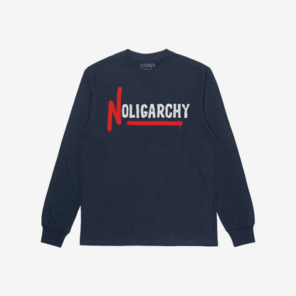 Navy-blue No Oligarchy T-shirt with NOLIGARCHY in graffiti-style font; red N and dripping underline symbolize defiance against elitism. Perfect for expressing economic justice advocacy.
