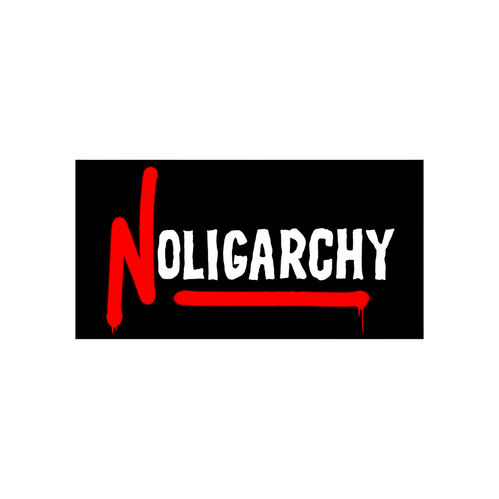 No Oligarchy Sticker & Magnet against U.S. Capitol steps, featuring bold lettering with red accents and a starburst badge ind