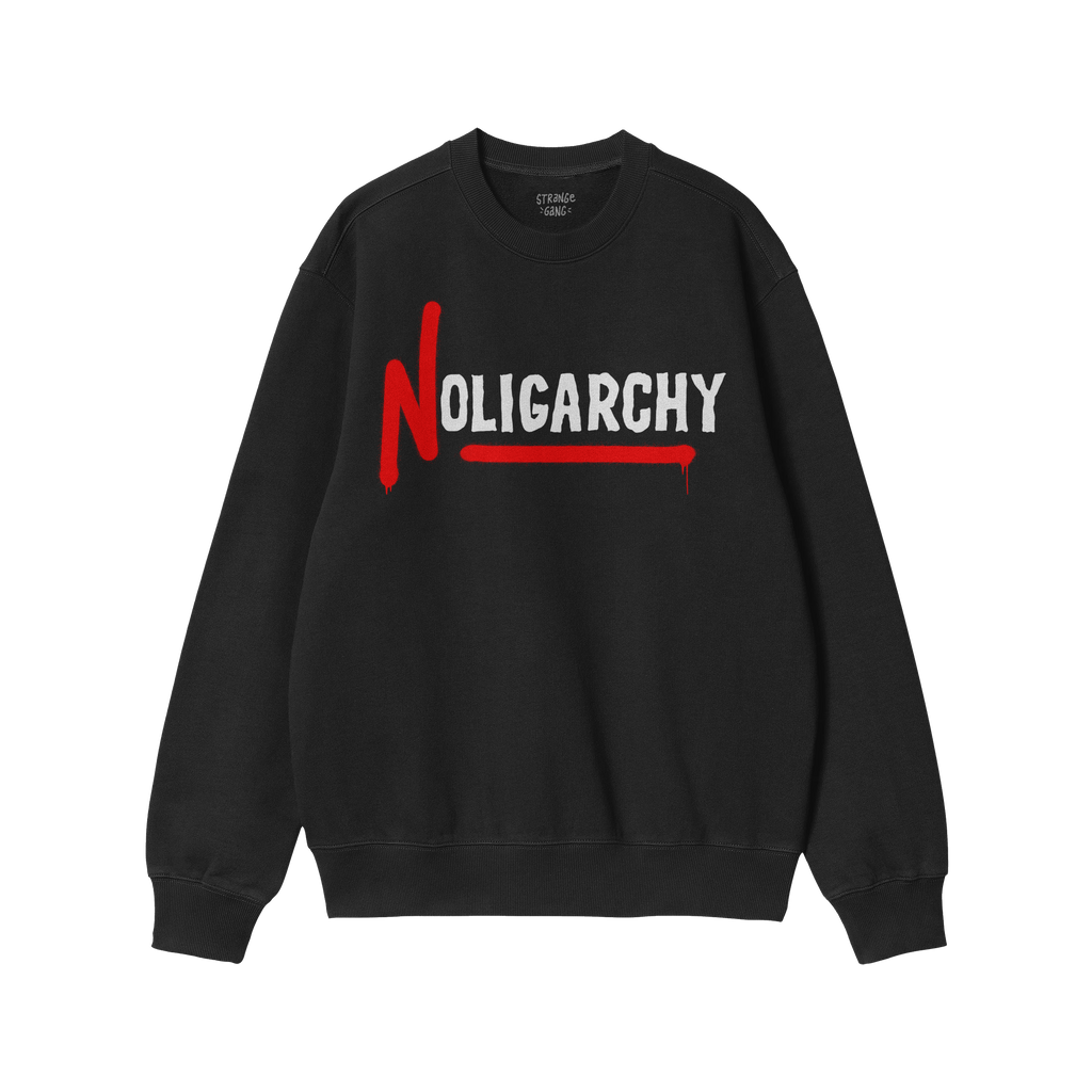 No Oligarchy Shirt features “NOLIGARCHY” with a graffiti-style red N and white letters, embodying a rebellious spirit aga