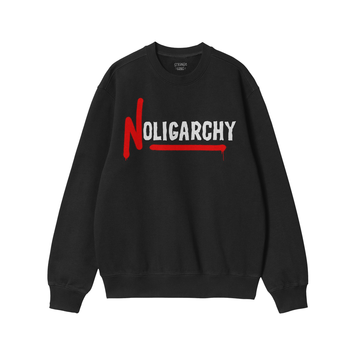 No Oligarchy Shirt features “NOLIGARCHY” with a graffiti-style red N and white letters, embodying a rebellious spirit aga