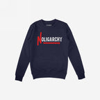 No Oligarchy Shirt, a navy-blue crewneck sweatshirt featuring bold NOLIGARCHY text in a rebellious graffiti style. Perfect for those challenging the elite, aligning with artful activism against inequality.
