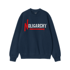 No Oligarchy Shirt, a navy-blue crewneck sweatshirt featuring bold NOLIGARCHY text in a rebellious graffiti style. Perfect fo