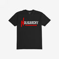 No Oligarchy Shirt featuring bold “NOLIGARCHY” text with a dripping red “N” and red underline, embodying a rebellious stance against elitism. Ideal for those challenging the status quo.