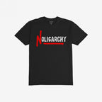No Oligarchy Shirt featuring bold “NOLIGARCHY” text with a dripping red “N” and red underline, embodying a rebellious stance against elitism. Ideal for those challenging the status quo.