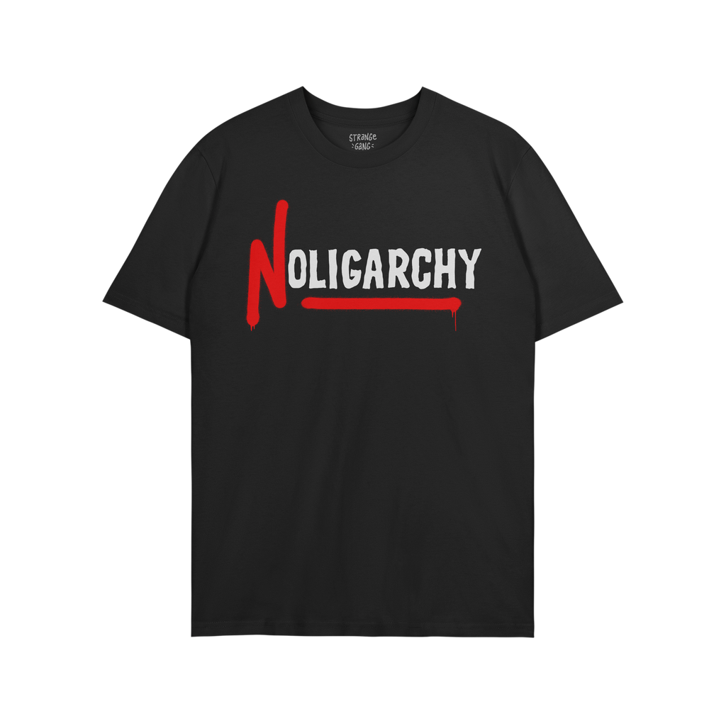 No Oligarchy Shirt featuring bold “NOLIGARCHY” text with a dripping red “N” and red underline, embodying a rebellious