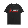 No Oligarchy Shirt featuring bold “NOLIGARCHY” text with a dripping red “N” and red underline, embodying a rebellious