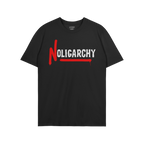 No Oligarchy Shirt featuring bold “NOLIGARCHY” text with a dripping red “N” and red underline, embodying a rebellious