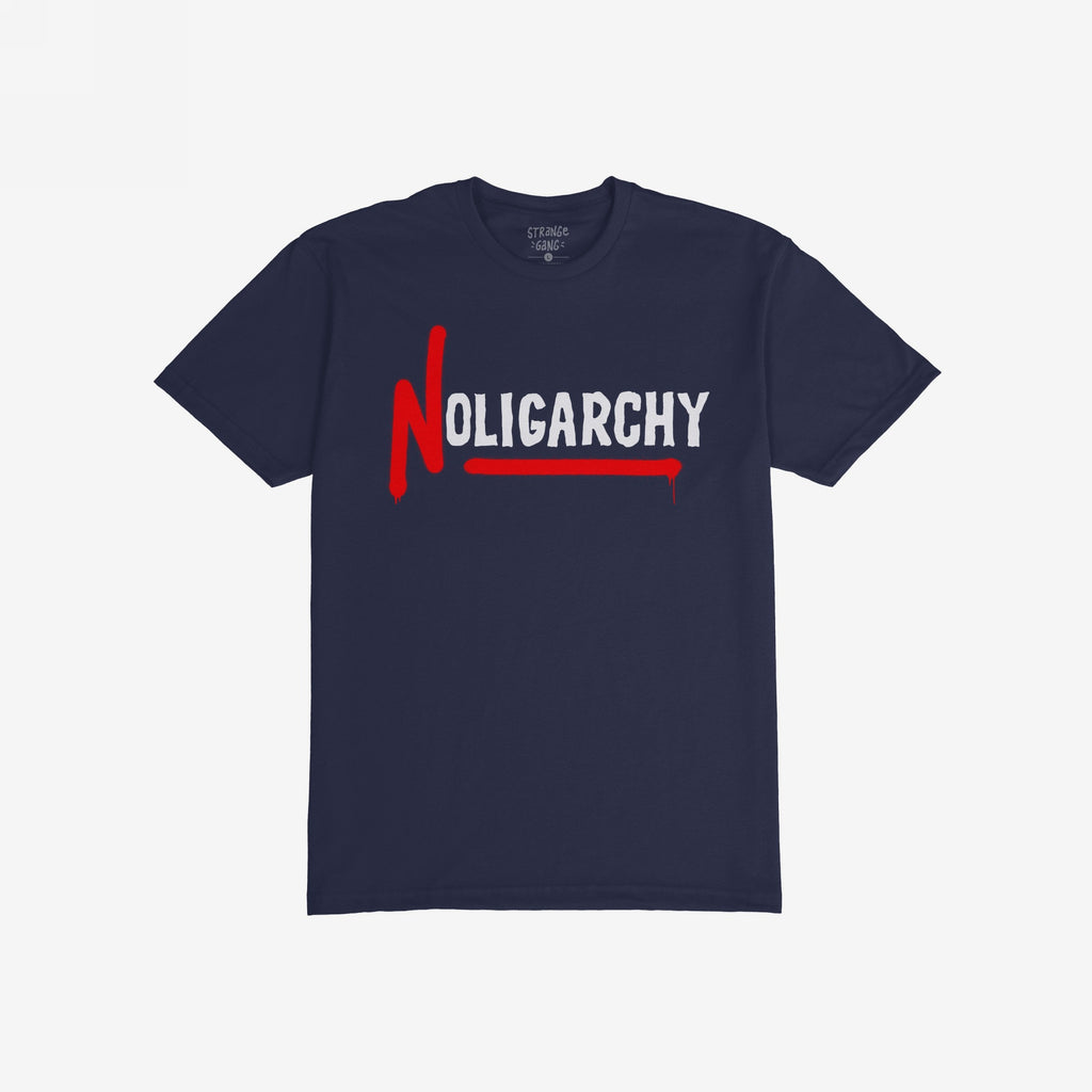No Oligarchy Shirt featuring NOLIGARCHY in bold letters with a striking dripping red N and underline, symbolizing defiance against elitism. Perfect for expressing a rebellious stance on social justice issues.