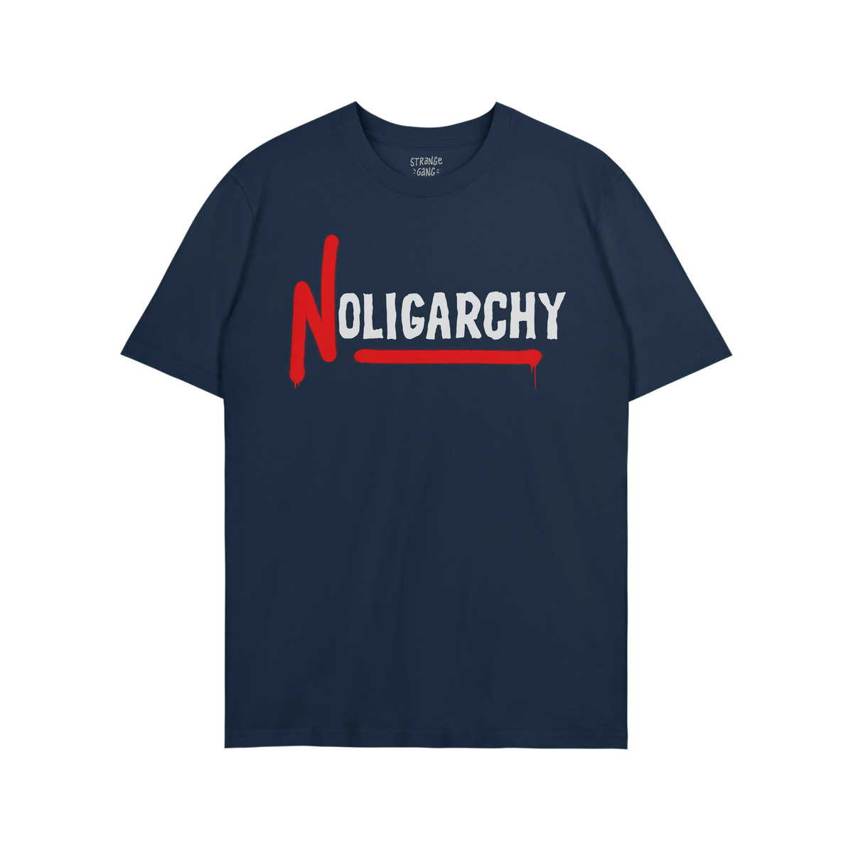 No Oligarchy Shirt featuring NOLIGARCHY in bold letters with a striking dripping red N and underline, symbolizing defiance ag