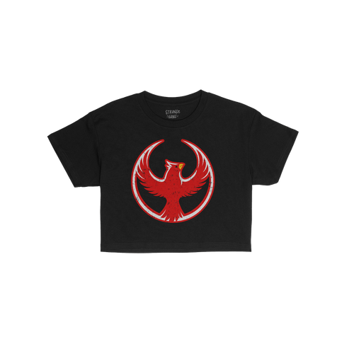 Northern Cardinal Rebel Alliance Women's Baby Tee featuring a distressed red phoenix graphic with outstretched wings in a cir