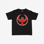 St. Louis Rebel Alliance Women's Baby Tee features a distressed red phoenix graphic, symbolizing protest and equality, on a plain black T-shirt, embodying bold activism and community spirit.