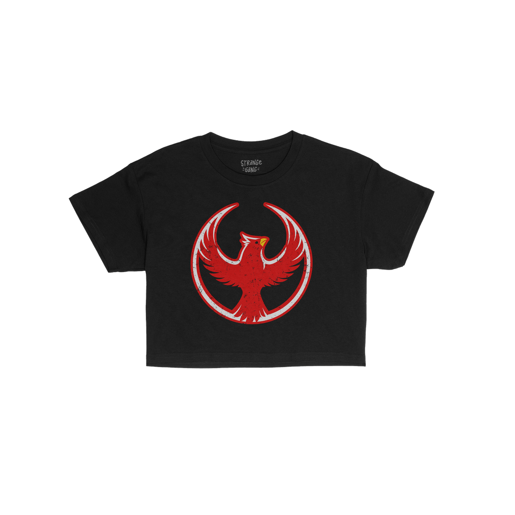 St. Louis Rebel Alliance Women's Baby Tee features a distressed red phoenix graphic, symbolizing protest and equality, on a p