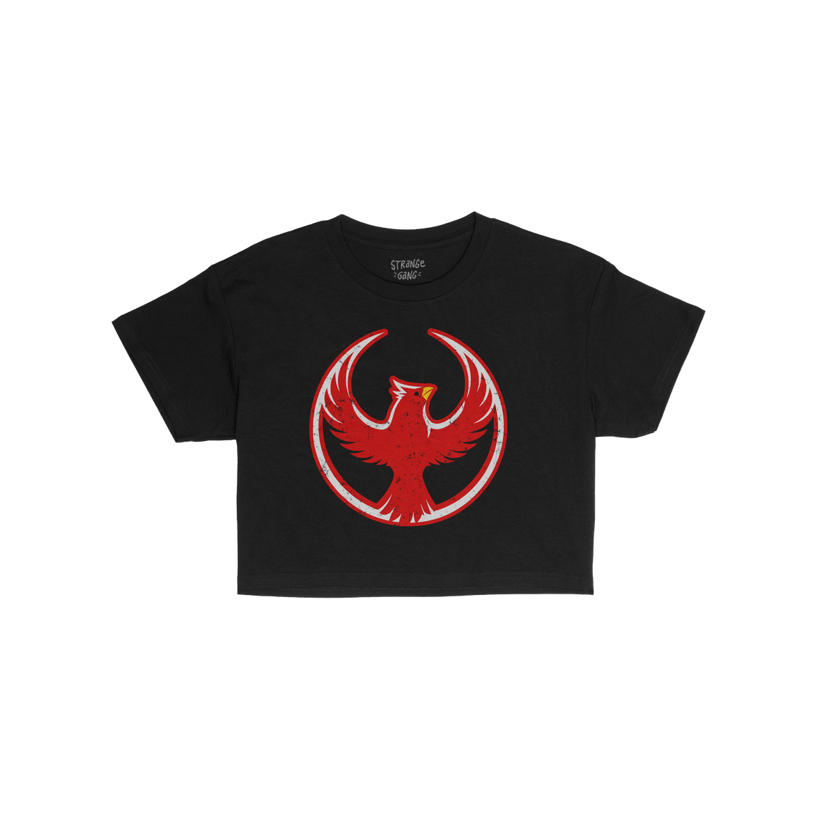 St. Louis Rebel Alliance Women's Baby Tee features a distressed red phoenix graphic, symbolizing protest and equality, on a p