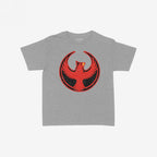 St. Louis Rebel Alliance Women's Baby Tee featuring a vintage-style red phoenix graphic, symbolizing protest and equality, on a heather-gray backdrop. Perfect for expressing bold, rebellious spirit.