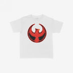 St. Louis Rebel Alliance Women's Baby Tee features a bold circular emblem with a stylized red phoenix, symbolizing resistance and equality, printed on a plain white T-shirt.