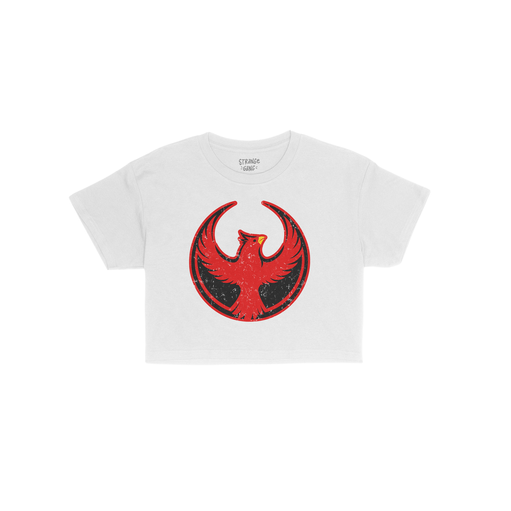 St. Louis Rebel Alliance Women's Baby Tee features a bold circular emblem with a stylized red phoenix, symbolizing resistance