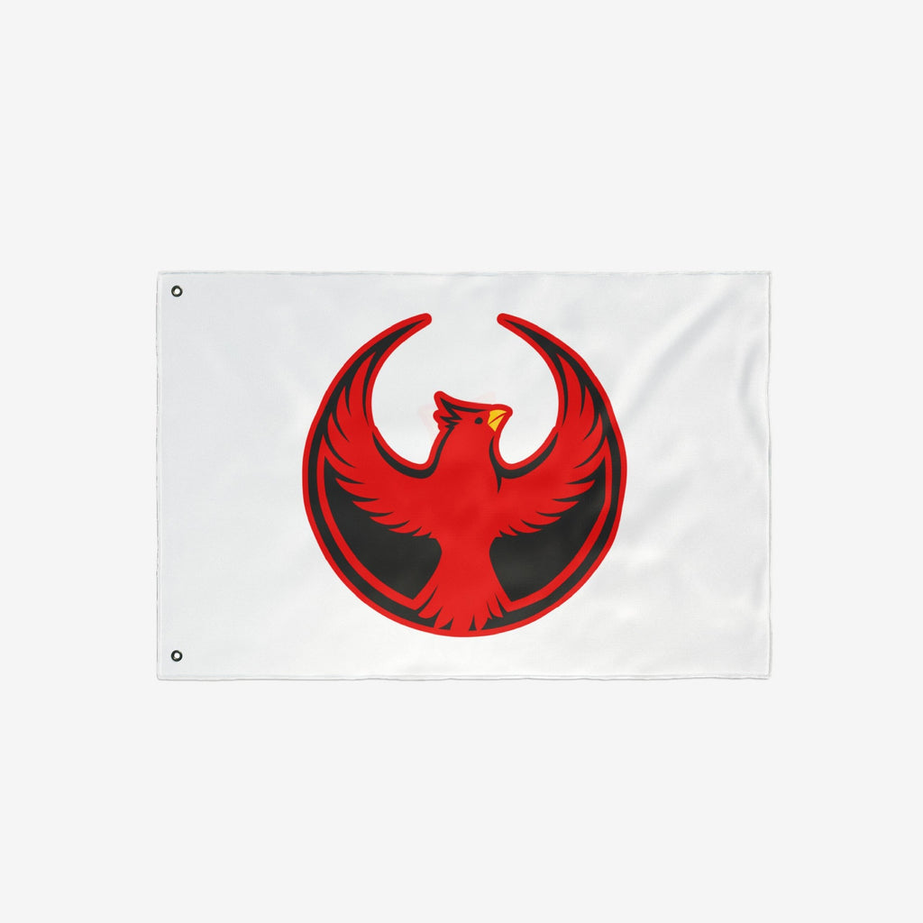 Northern Cardinal Rebel Alliance Flag featuring a stylized red phoenix in a circular emblem, designed for protest against ICE and fascism. Includes metal grommets for hanging.