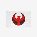 Northern Cardinal Rebel Alliance Flag featuring a stylized red phoenix in a circular emblem, designed for protest against ICE and fascism. Includes metal grommets for hanging.
