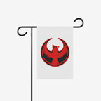 Northern Cardinal Rebel Alliance Garden Flag features a red phoenix emblem symbolizing protest and unity, suspended from a black metal stand, representing values of equality and community defense.