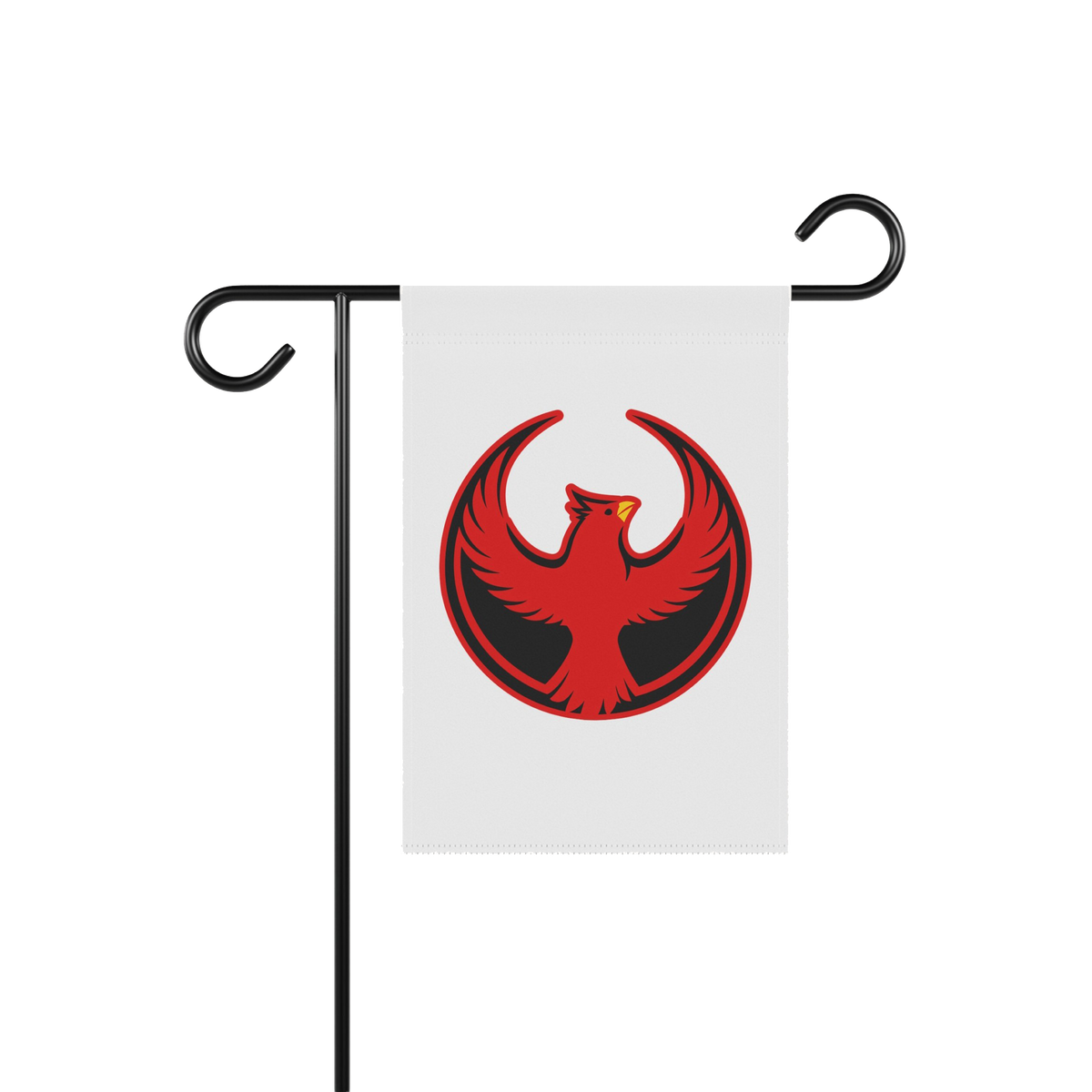 Northern Cardinal Rebel Alliance Garden Flag features a red phoenix emblem symbolizing protest and unity, suspended from a bl