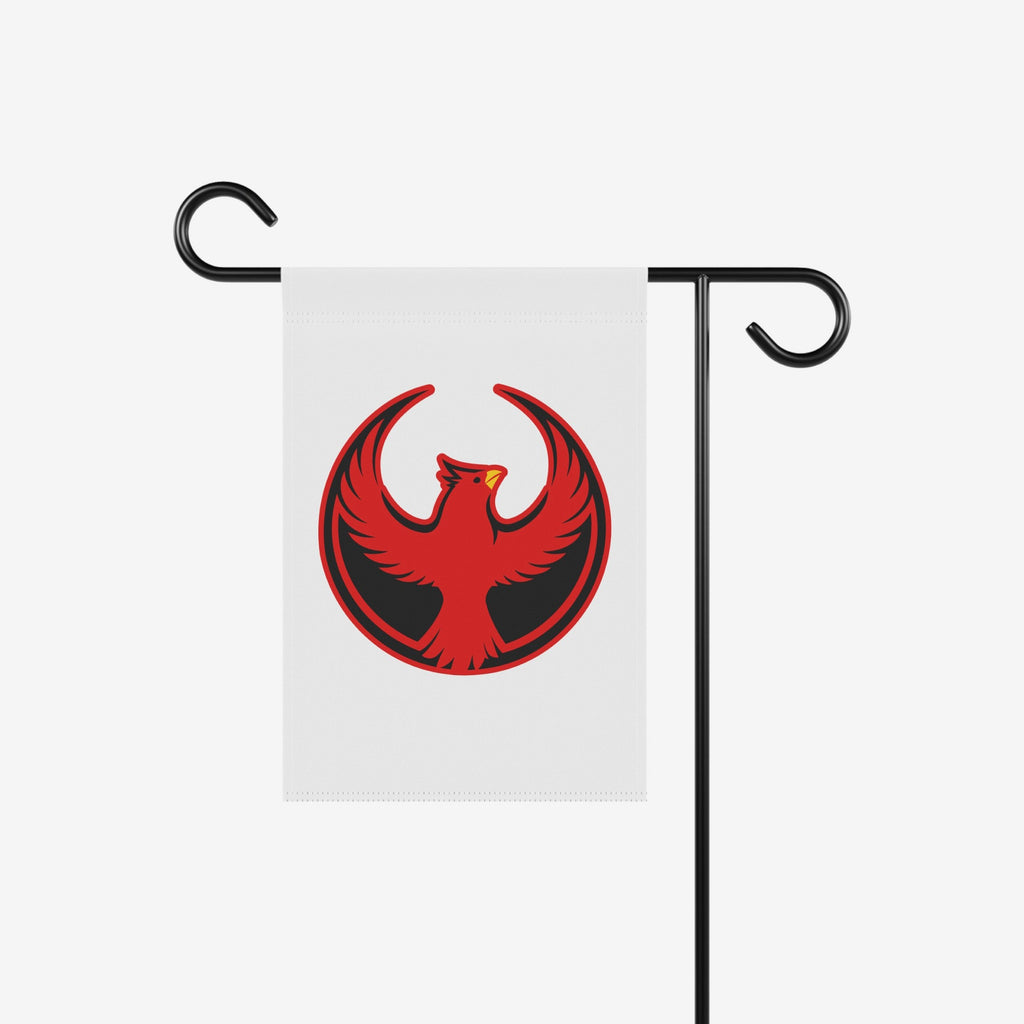Northern Cardinal Rebel Alliance Garden Flag on a black metal stand, featuring a stylized red bird emblem, symbolizes protest for immigrant rights and equality. Ideal for showcasing values from your garden.