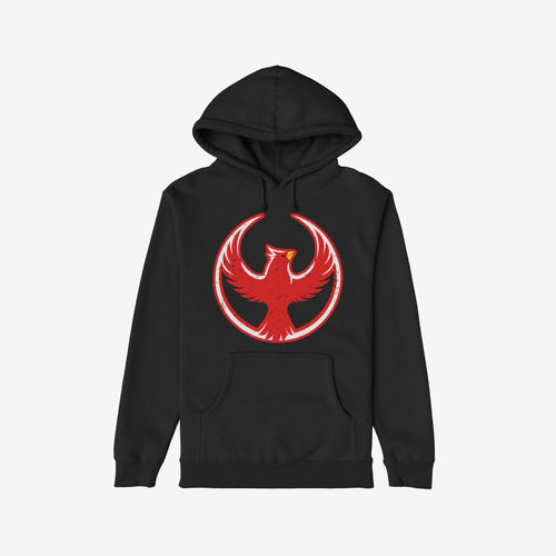 Northern Cardinal Rebel Alliance Hoodie features a black pullover with a distressed red phoenix emblem, symbolizing resistance and equality. Ideal for activists, it epitomizes standing against fascism and for immigrant rights.